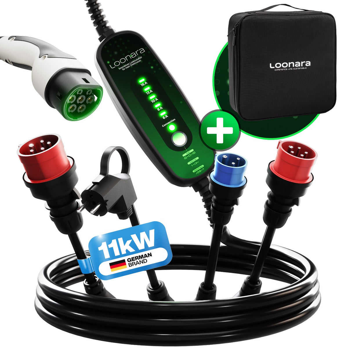 loonara Mobile Wallbox 11kW mit Typ 2 Schuko Adapter - Mode 2 Ladekabel nach IEC 62196 Standard - Mobile Ladestation Elektroauto für ganz Europa inkl. App