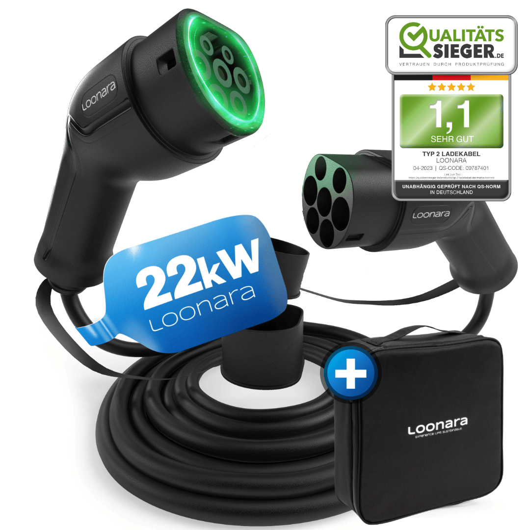 loonara Typ 2 Ladekabel 22kW [schwarz] - Mode 3 Ladekabel nach IEC 62196 Standard - passend für dein Elektroauto