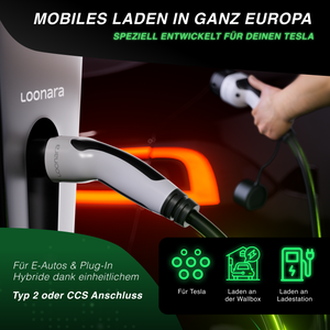 loonara Typ 2 Ladekabel 11/22kW mit Tesla-Button [weiß] - Mode 3 Ladekabel nach IEC 62196 Standard - passend für dein Tesla
