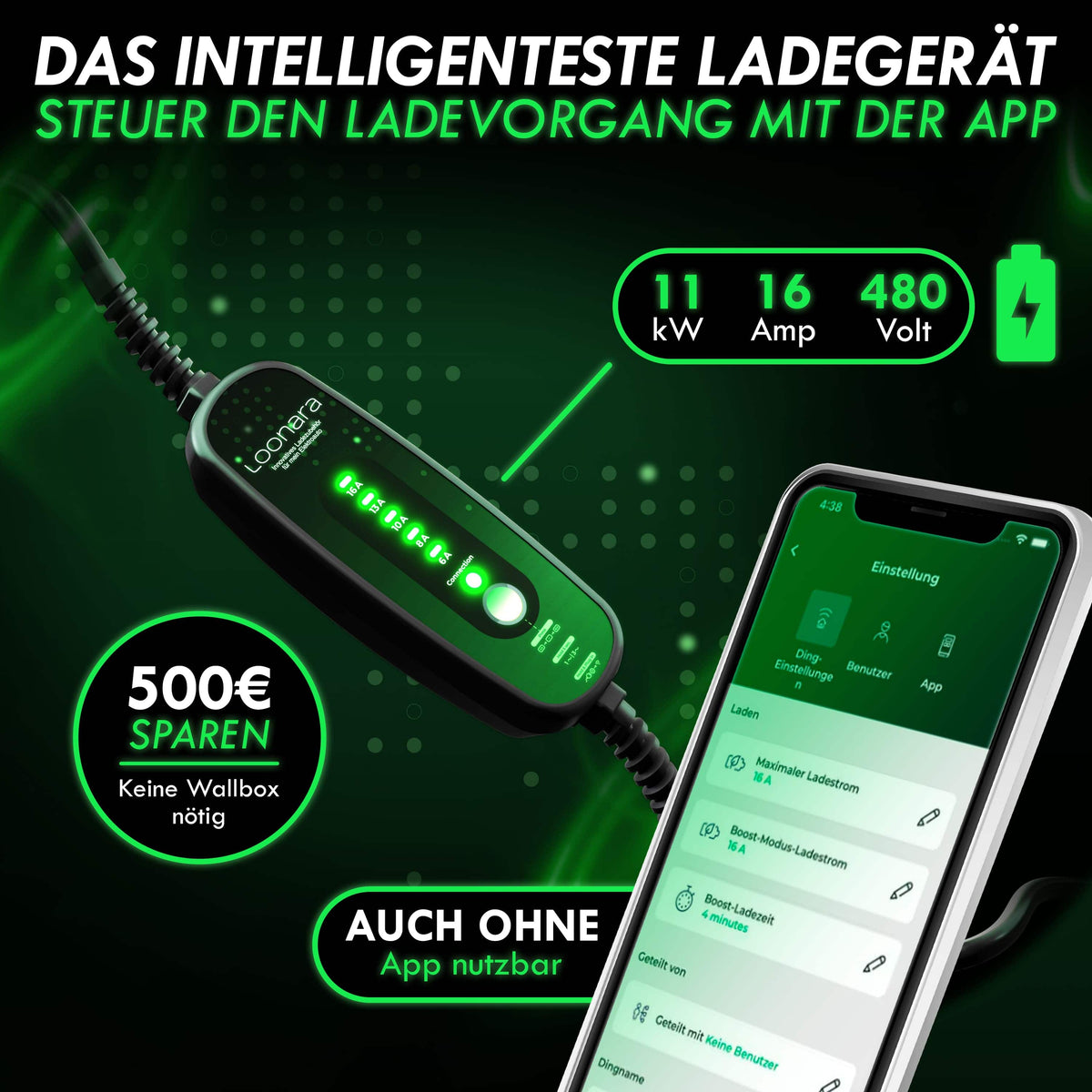 loonara Mobile Wallbox 11kW mit Typ 2 Schuko Adapter - Mode 2 Ladekabel nach IEC 62196 Standard - Mobile Ladestation Elektroauto für ganz Europa inkl. App
